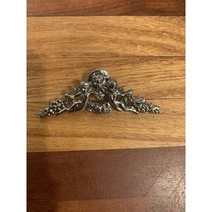 VTG Silver Tone Cherub Victorian Rose Swag Brooch Push Pin Clasp Detailed Ornate